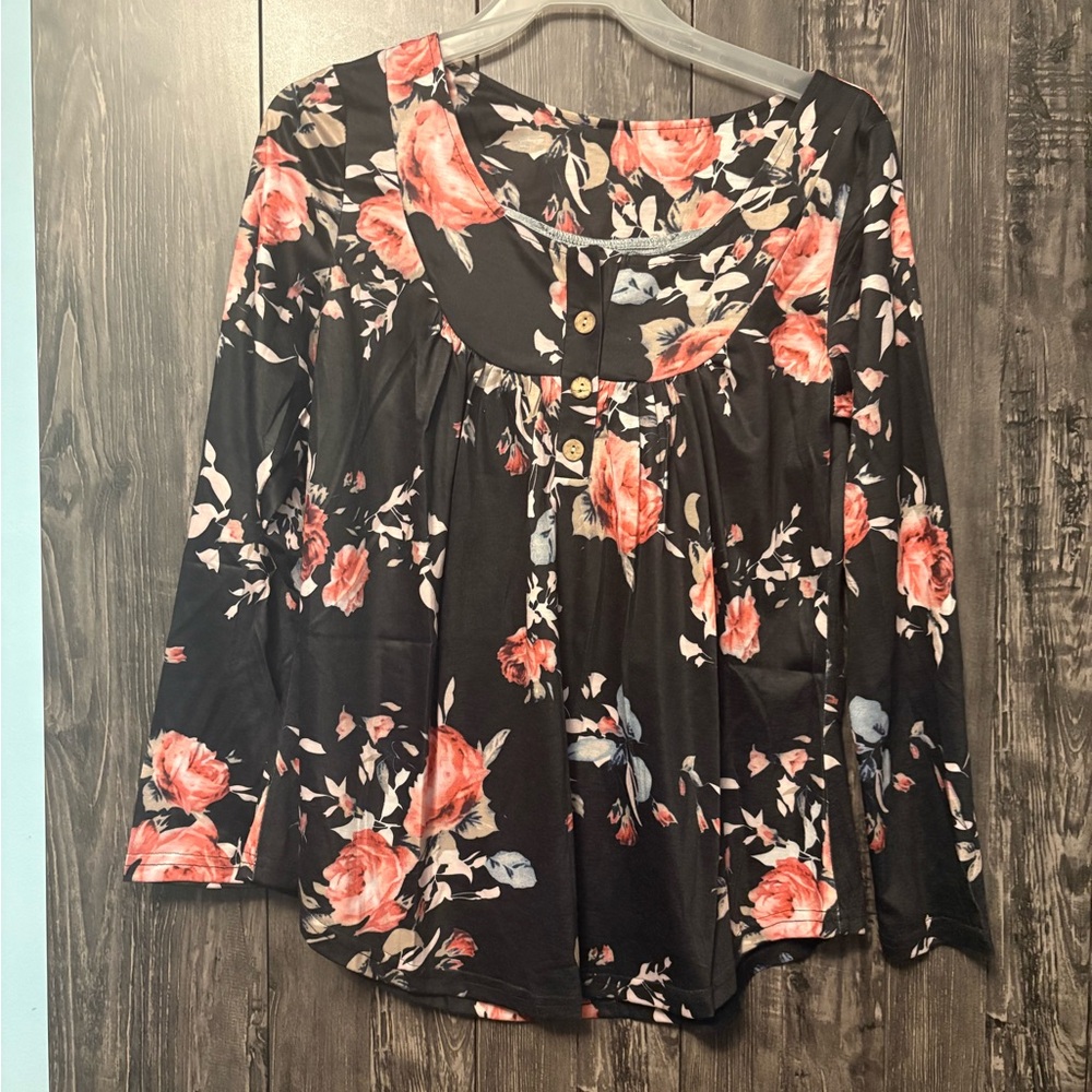 💥Buy 2 Get 1 Free💥 Floral 1/3 Button-Down Black Blouse